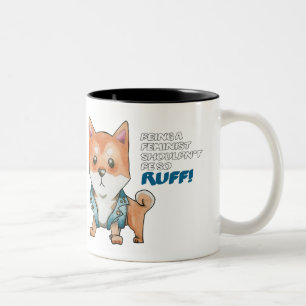 Cute Feminist Shiba Inu Dog Illustration Two-Tone Coffee Mug