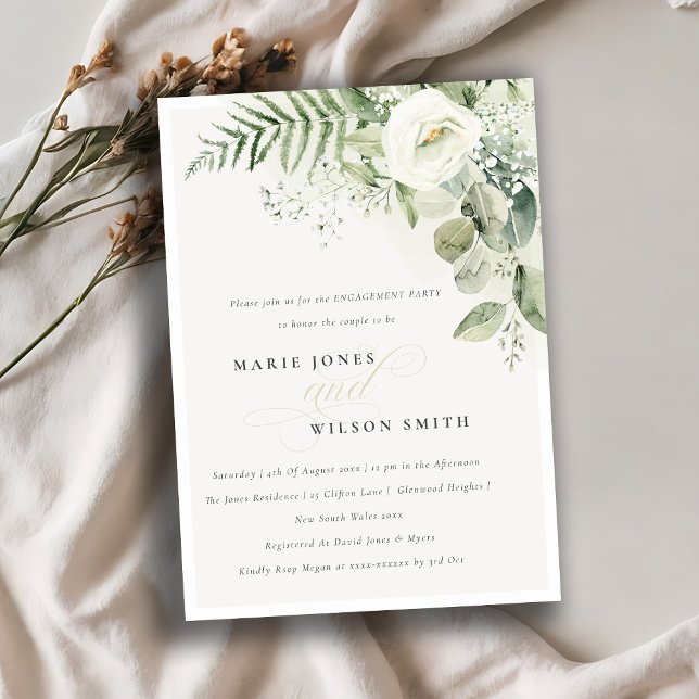 Cute Fern Greenery White Floral Engagement Invite (Creator Uploaded)