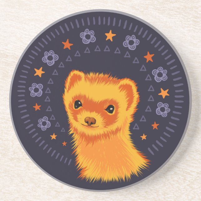 Cute Ferret Art - Colorful Smiling Mustelid Design Coaster (Front)