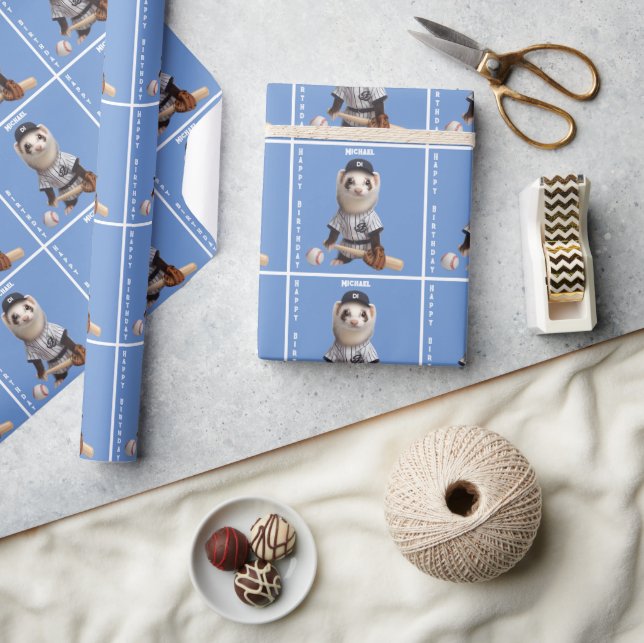 Cute Ferret Dressed as Basball Player Birthday Wrapping Paper (Crafts)