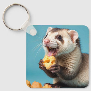 Cute Ferret Eating Cheese Puffs Keychain