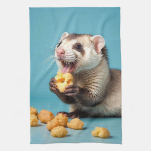 Cute Ferret Eating Cheese Puffs Kitchen Towel