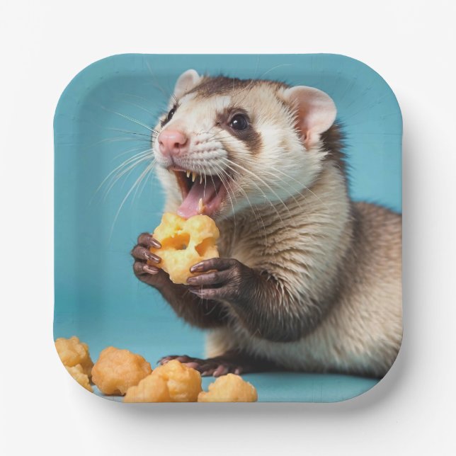 Cute Ferret Eating Cheese Puffs Paper Plates (Front)