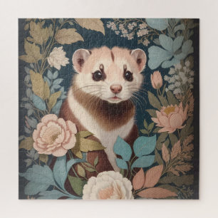 Cute Ferret Elegant Pastel Floral Garden Jigsaw Puzzle