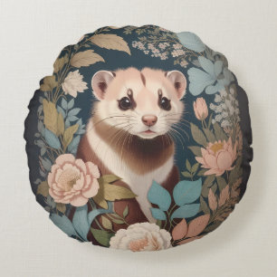 Cute Ferret Elegant Pastel Floral Garden Round Pillow