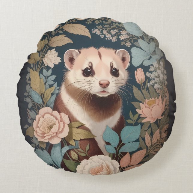 Cute Ferret Elegant Pastel Floral Garden  Round Pillow (Front)