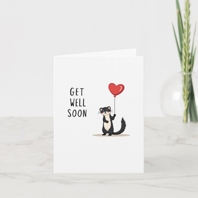 Cute Ferret Get Well Soon Card with Heart Balloon (Front)