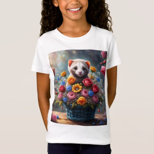 Cute Ferret in a flower Basket Girls T_Shirt