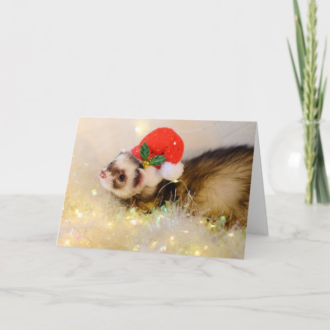 Cute Ferret In Santa Hat Christmas Card (Front)