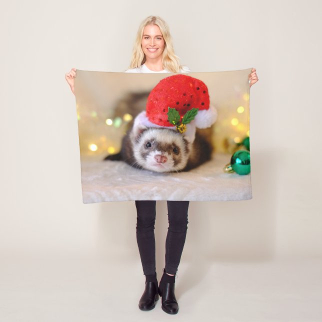 Cute Ferret in Santa Hat Christmas Fleece Blanket (In Situ)