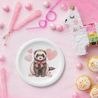 Cute Ferret Kawaii Pink Hearts Illustration Paper Plates