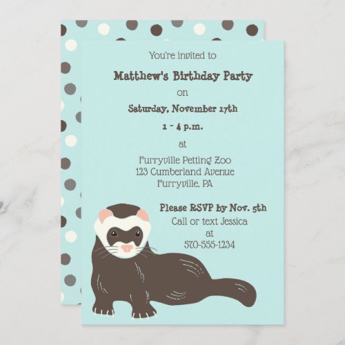 Cute Ferret Mint Green and Brown Birthday Party Invitation