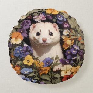 Cute Ferret Nestled In Pansies Garden Round Pillow