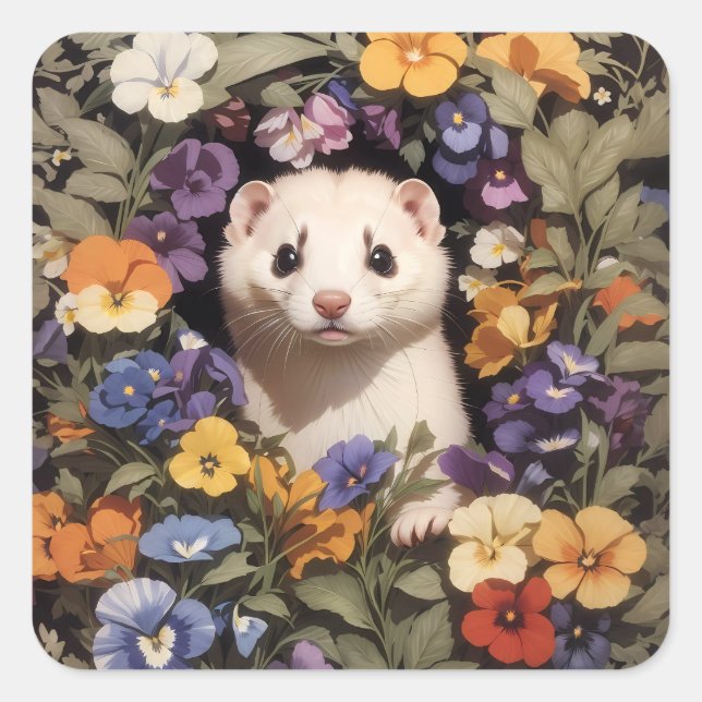 Cute Ferret Nestled In Pansies Garden Square Sticker (Front)