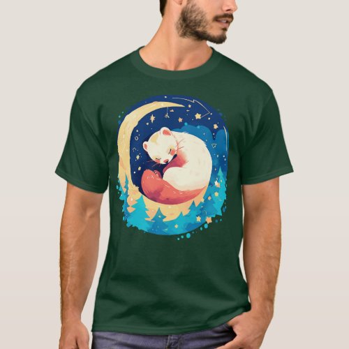 Cute ferret sleeping in the night sky T_Shirt