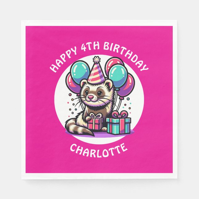 Cute Ferret Themed Girl's Birthday Personalized Napkins (Front)