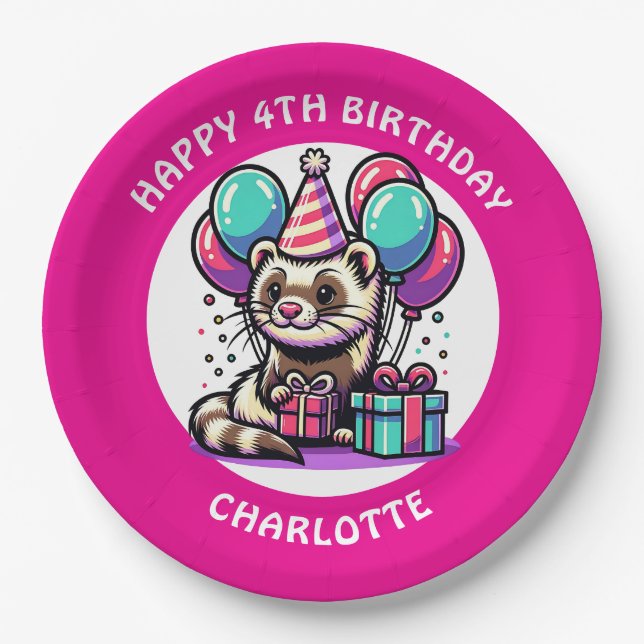Cute Ferret Themed Girl's Birthday Personalized Paper Plates (Front)