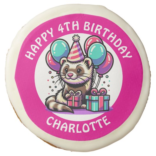 Cute Ferret Themed Girl's Birthday Personalized Sugar Cookie (Front)