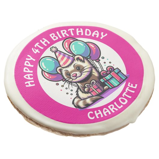 Cute Ferret Themed Girl's Birthday Personalized Sugar Cookie (Angled)