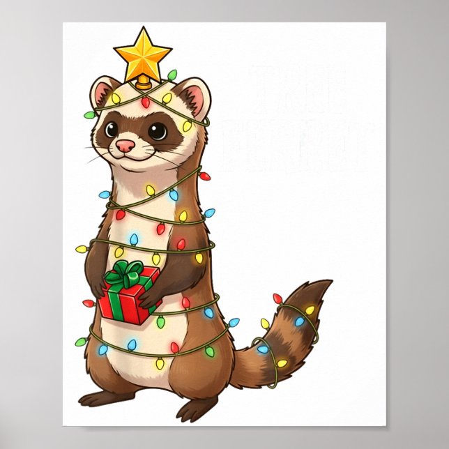 Cute Ferret Wrapped In Christmas Lights Holiday Xm Poster (Front)