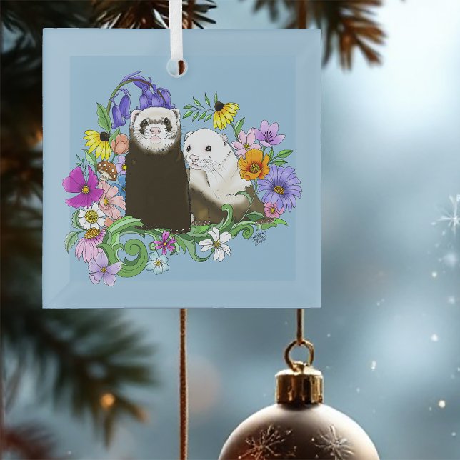 Cute Ferrets Floral Glass Ornament (Creator Uploaded)