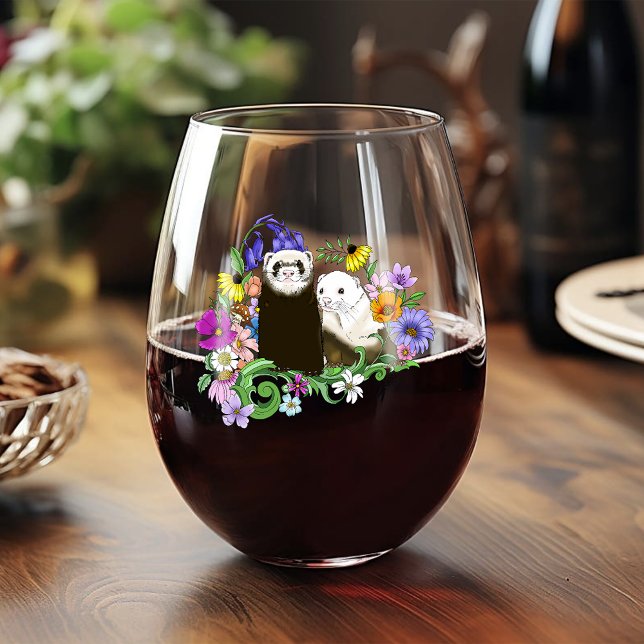 Cute Ferrets Floral Stemless Wine Glass (Creator Uploaded)