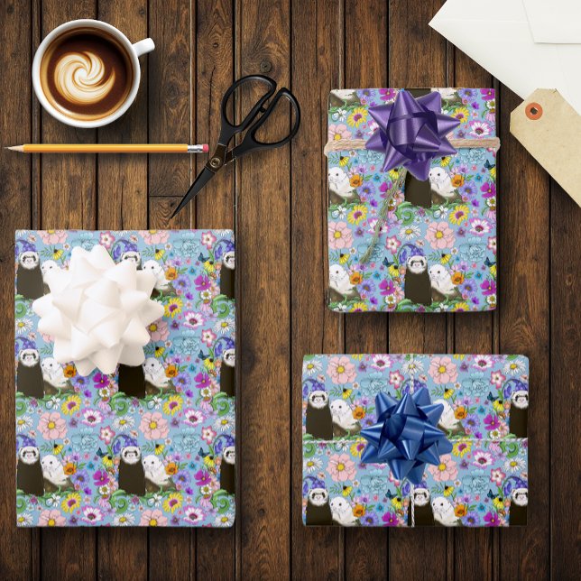 Cute Ferrets Floral Wrapping Paper Sheets (Creator Uploaded)