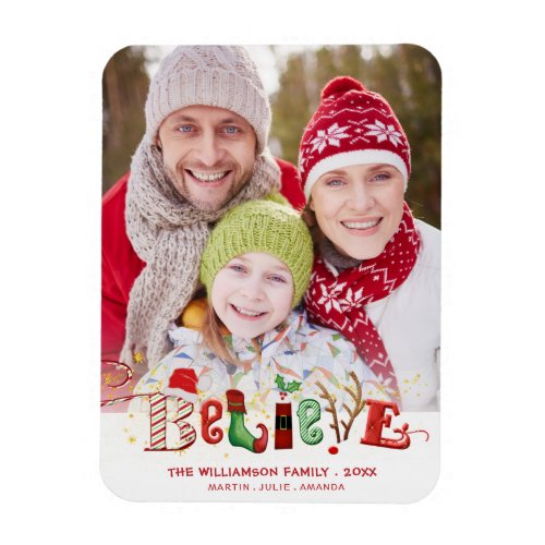 Cute Festive BELIEVE Typography Photo Magnet