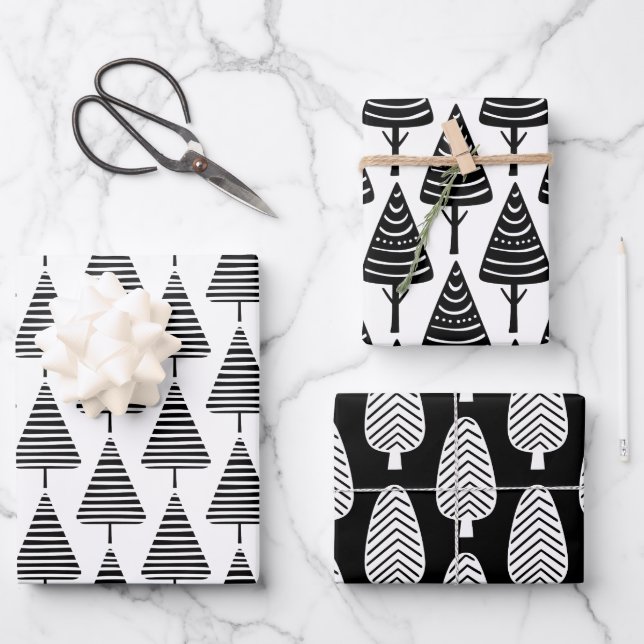 Cute Festive Black White Christmas Holiday Trees  Wrapping Paper Sheets (Front)