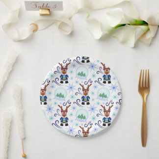 Cute Festive Blue Christmas Reindeer Paper Plates