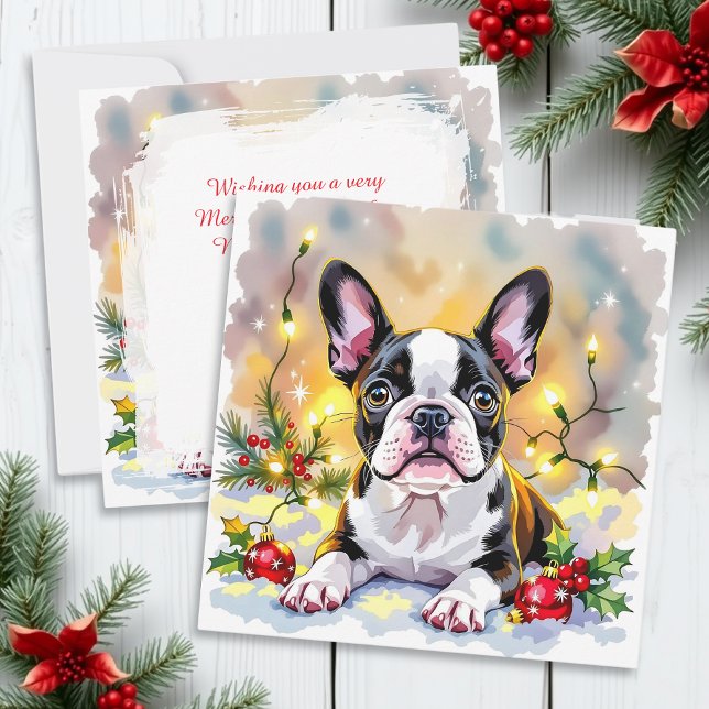 Cute Festive Boston Terrier Personalized Christmas Holiday Card (Creator Uploaded)