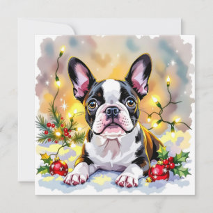 Cute Festive Boston Terrier Personalized Christmas Holiday Card