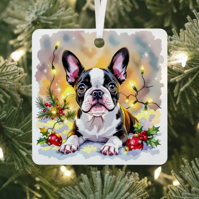 Cute Festive Boston Terrier Personalized Christmas Metal Ornament (Insitu)