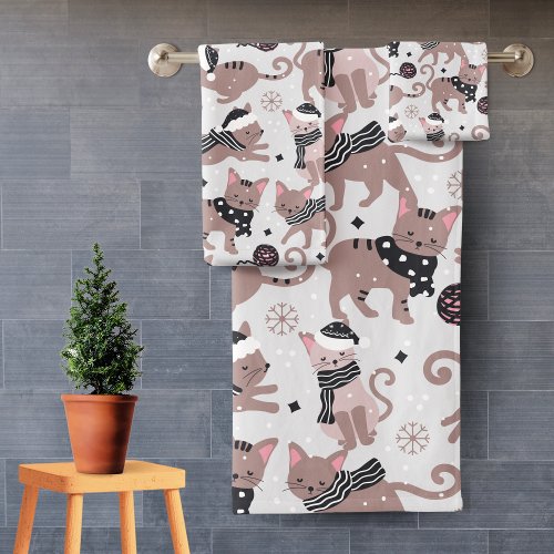 Cute Festive Cat Christmas Pattern Bathroom Bath Towel Set