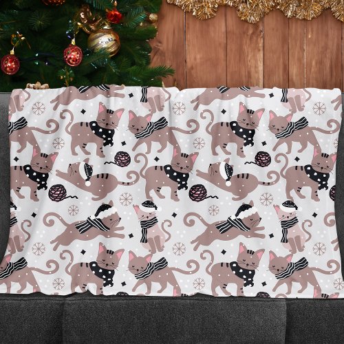 Cute Festive Cat Christmas Pattern Fleece Blanket