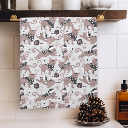 Cute Festive Cat Christmas Pattern Kitchen Towel