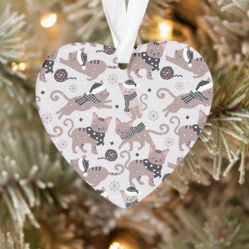 Cute Festive Cat Pattern Christmas Tree Heart Ornament