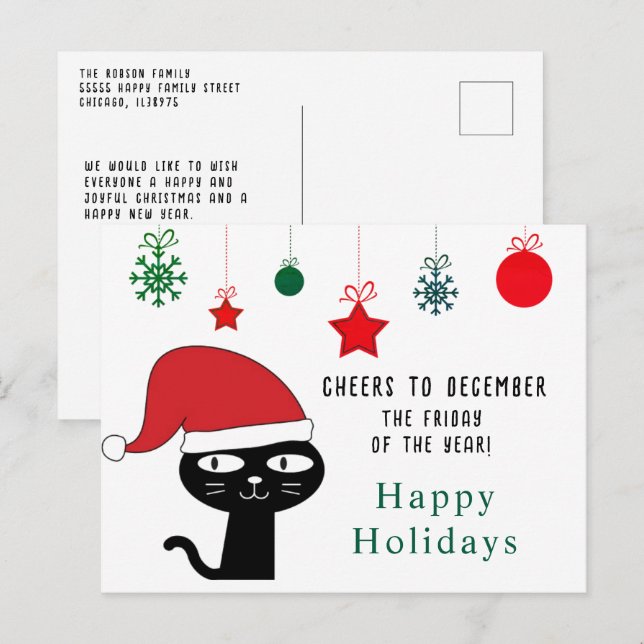 Cute Festive Cat with a Red Santa Hat Modern  Holiday Postcard (Front/Back)