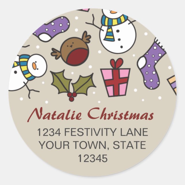 Cute Festive Characters Round Address Stickers (Front)