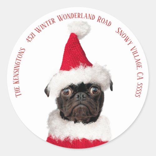 Cute Festive Christmas Black Pug Puppy Santa Classic Round Sticker