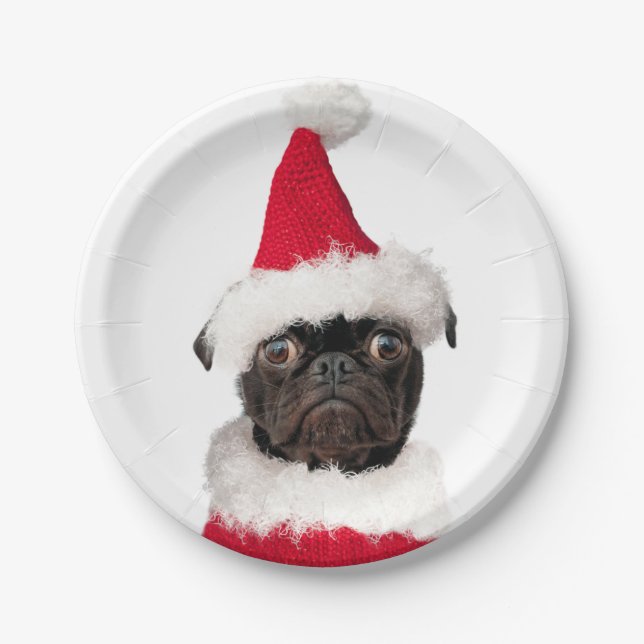 Cute Festive Christmas Black Pug Santa Hat Paper Plates (Front)