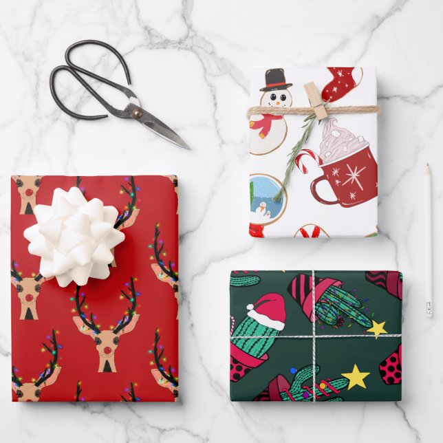 Cute Festive Christmas Character Illustration Pack Wrapping Paper Sheets (Front)