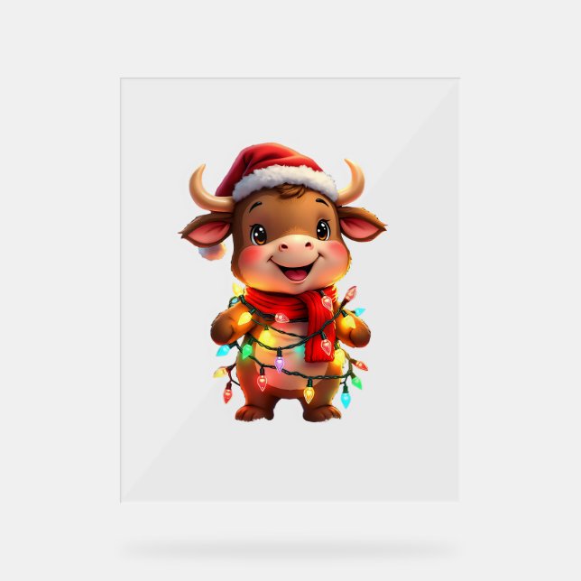 Cute Festive Christmas Cow with Holiday Lights Kid Acrylic Sign (Front)