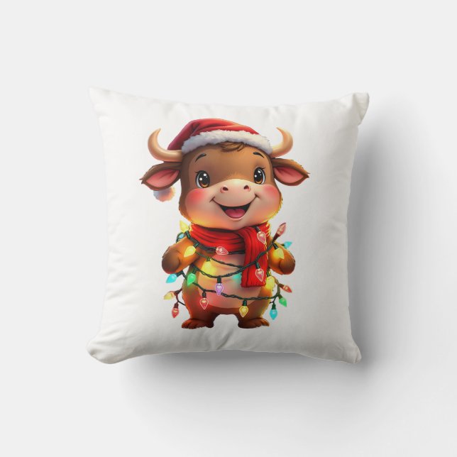 Cute Festive Christmas Cow with Holiday Lights Kid Throw Pillow (Front)