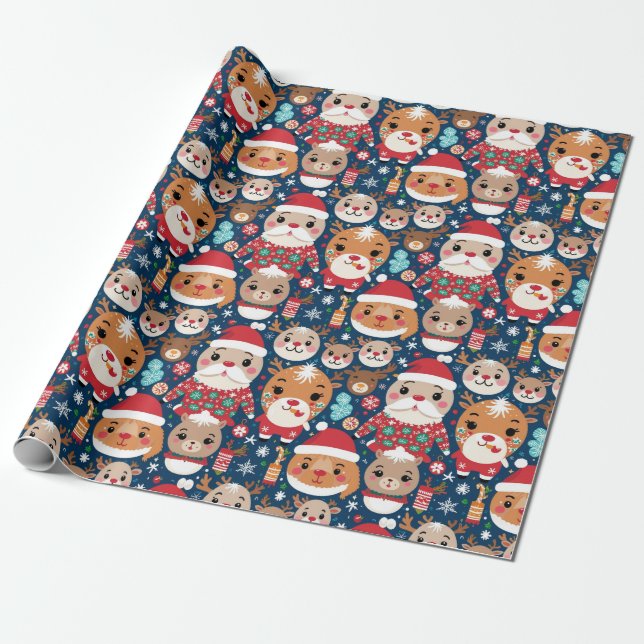 Cute Festive Christmas Critter Wrapping Paper (Unrolled)