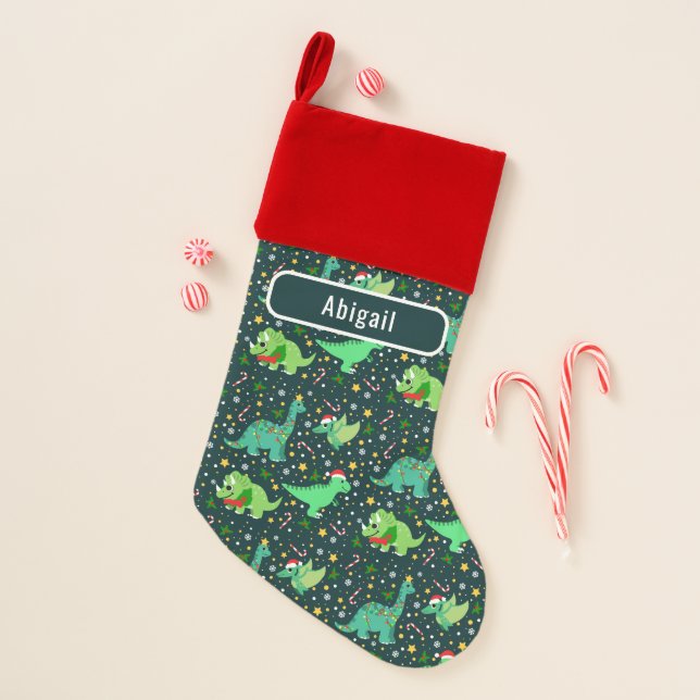 Cute Festive Christmas Dinosaurs Name Stocking (Front)