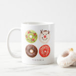 Cute Festive Christmas Donuts Personalized Coffee Mug<br><div class="desc">Fun and festive mug featuring four festive donuts - matcha flavored donut with hollies,  a chocolate-glazed donut with snowflakes,  red white chocolate glazed donut and snowman donut. Personalize by adding a name,  date or message. This donut mug will be perfect as a personalized gift.</div>