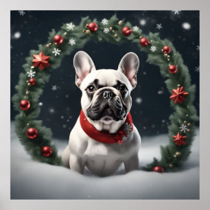 Cute Festive Christmas French Bulldog with Wreath Poster