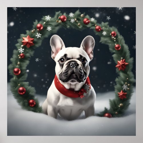 Cute Festive Christmas French Bulldog with Wreath Poster