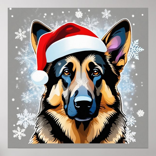 Cute Festive Christmas German Shepherd Dog in Snow Poster (Front)